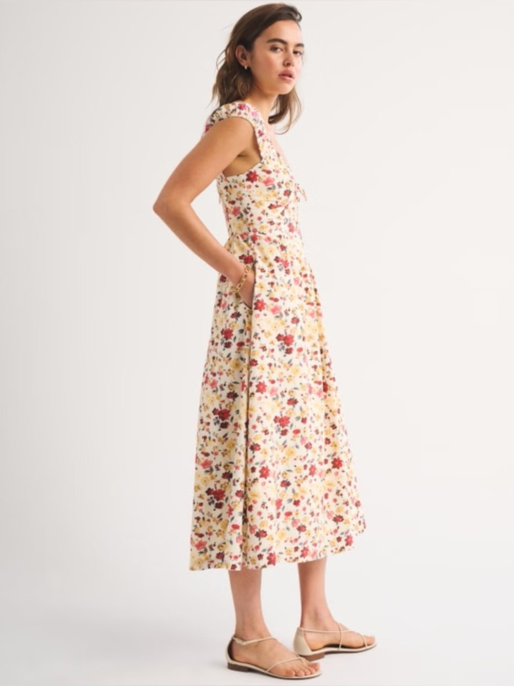 ABERCROMBIE & FITCH 100% COTTON BRA-FREE CAP SLEEVE DIPPED WAIST MIDI DRESS - Picture 6 of 8
